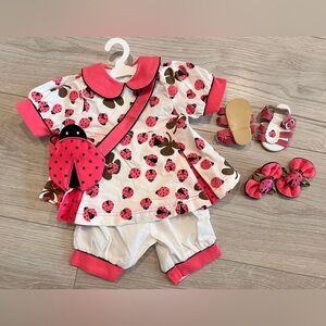 Adora Inc 20” Doll Outfit 5 Piece Lady Bug Dress Purse Bloomers Hair Ties Shoes